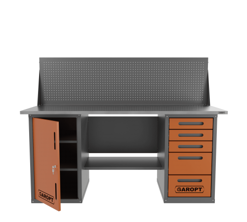 Верстак двухтумбовый дверь/5 ящиков с экраном Garopt оранжевый 1800*700 — профессиональное автосервисное оборудование и инструменты для бизнеса